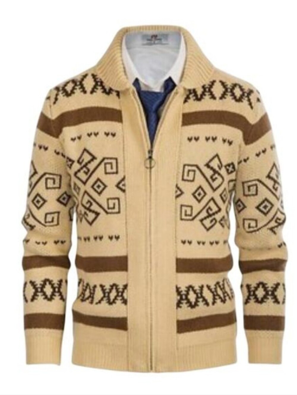 PJ Paul Jones Aztec Western Tan Acrylic Raised Collar Zip Sweater Big Labowski
